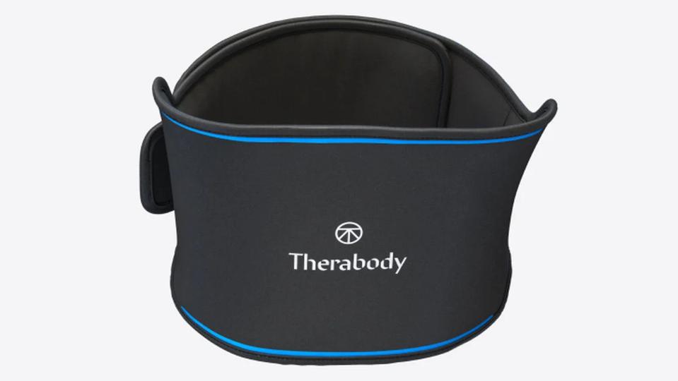 Therabody Recovery Therm Hot Vibration Back and Core in black with white lettering and blue 