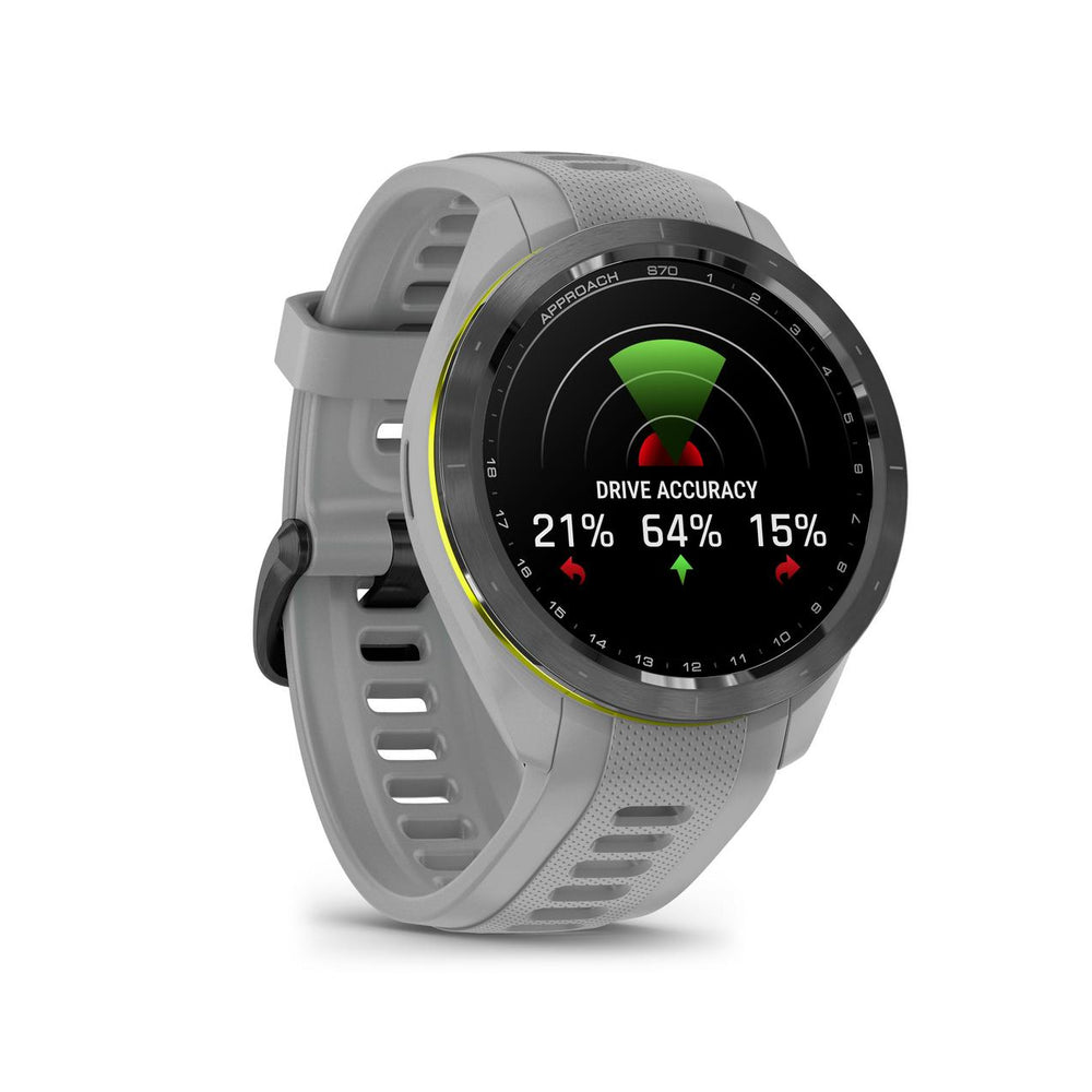 The Garmin Approach S70 GPS Golf Watch in grey 42mm casing with colourized digital screen.