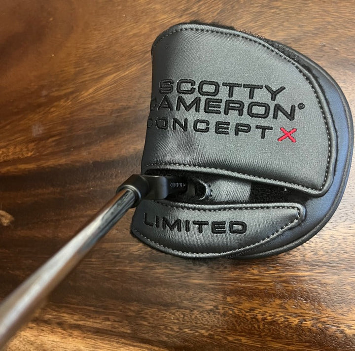 Scotty Cameron Concept X 7.2 putter headcover in grey with black and red lettering.