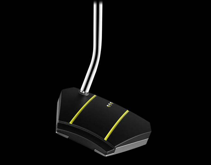 Unused Demo Scotty Cameron Phantom X 8.5 putter  shown from the backside having two yellow lines on the top of the club head.