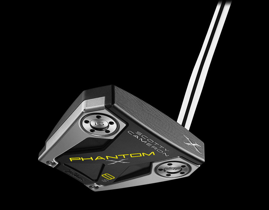 Unused Demo Scotty Cameron Phantom X 8.5 putter showing club head with milled side and lettering in silver and yellow.