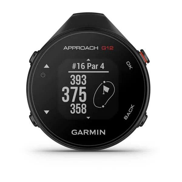 Garmin Approach G12 GPS Handheld Range finder in black with white lettering on digital screen against white background.