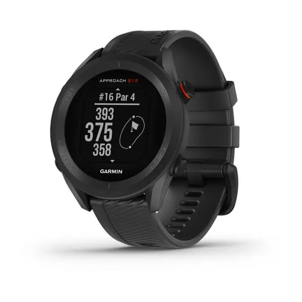 The Garmin Approach S12 GPS Golf Watch in black showing a black face with white numbers on the digital screen.