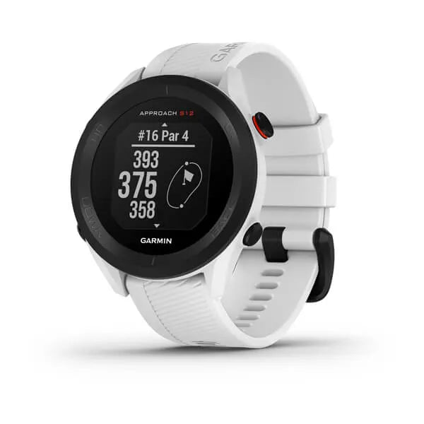 The Garmin Approach S12 GPS Golf Watch in white showing a black face with white numbers on the digital screen.