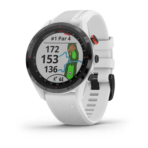 Garmin Approach S62 GPS Golf Watch in white with colourized face.