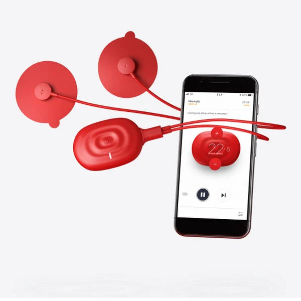 Red muscle vibration therapy device the PowerDot Uno showing a pod with the placement pads and a mobile device showing an app, against a white background.